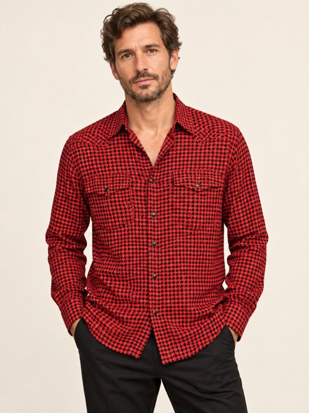 NWT The Kooples Red Black Houndstooth Snap Front Shirt Men’s Large